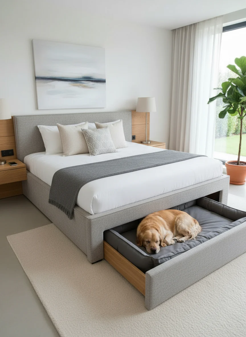 Pet-friendly bed frame with integrated dog bed pullout